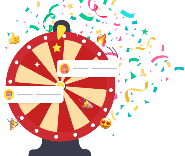 A custom spin the wheel graphic with emojis and contact cards overlaid with confetti in the background.